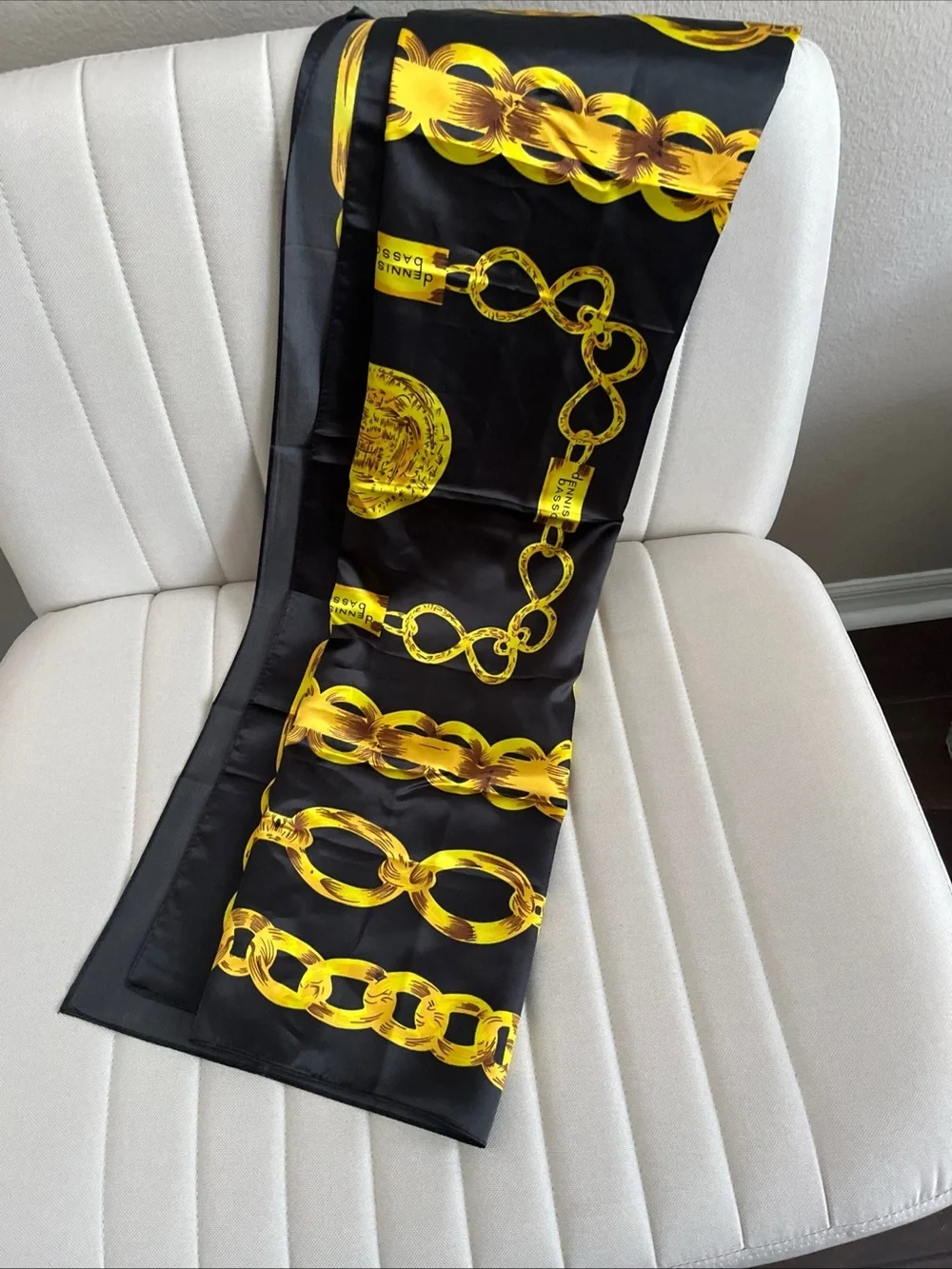 dennis basso Black and Yellow Chain Motif Silk Scarf